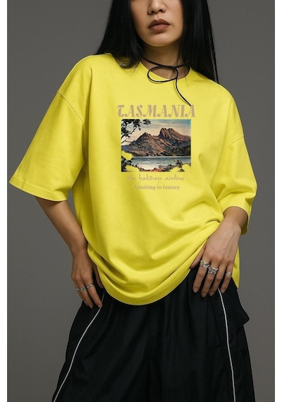 Tasmania Baskılı Unisex Oversize Tişört Sari