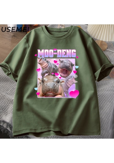 Flood Of Style Komik Moo-deng Bebek Pygmy Hippo Sevimli Hayvanat Bahçesi T Shirt Adam Kadın Nedensel Pamuk K Yeşil