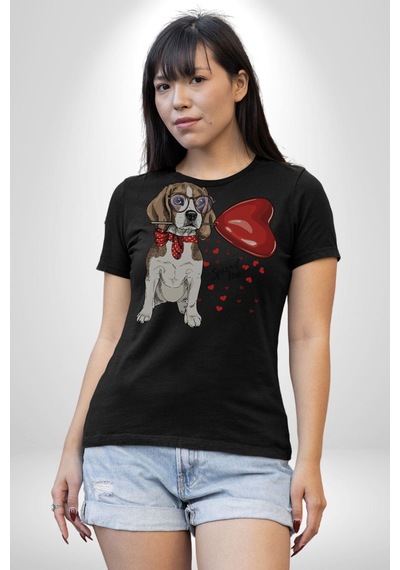 Poodle Ve Beagle Sevililer Günü Hediyesi Unisex Unisex Siyah Organik Baskılı T-shirt Penye Yüksek Kalite Siyah