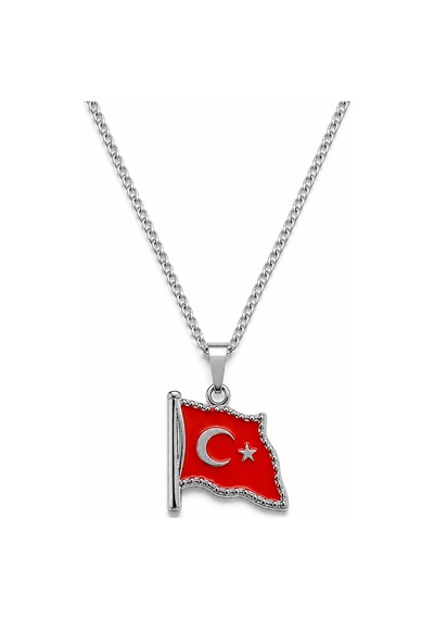 Türk Bayrağı Ay Yıldız Tasarımlı Kırmızı Gümüş Renk Kolye Hediye Çok renkli