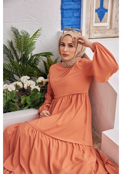 Neways 6510-linda Büzgülü Elbise Somon Somon