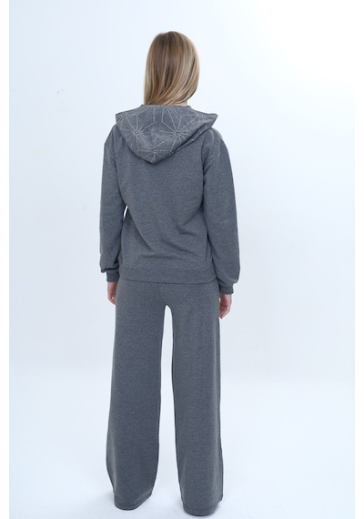Toontoy Kids Toontoy Kız Çocuk 2'li Takım Taş İşlemeli Kapüşonlu Sweatshirt & Beli Lastikli Bol Paça Cepli Eşofman Altı - 2 İplik Antrasit