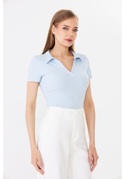 Hdm Kadın Mavi Polo Yaka Fitilli Günlük Bluz - H6038
