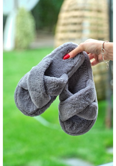 Tonny Black Çapraz Peluş Kadın Füme Ev Terliği Tbtbr005 Füme