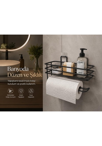Yapışkanlı Siyah Raflı Solo Havlu Askısı, Delmeden Montaj Banyo Ve Mutfak Duvar Tipi Havluluk Organizer