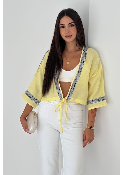 Noa & Noa Kadın Bağlamalı Dekor Şeritli Crop Top Gömlek Street Muse Sarı