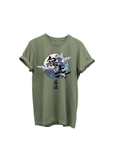 Japon Sanatı Stilinde Turna Kuşları Ve Dalga Desenli %100 Pamuk Regular Fit Unisex T-shirt Haki