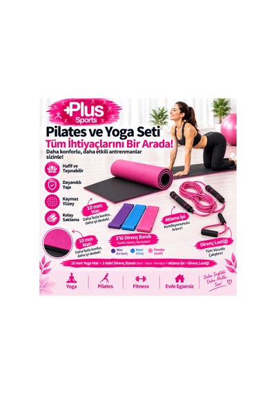 10 Mm Pilates Minderi + 3'lü Direnç Bandı + Atlama İpi + Kelebek Direnç Lastiği Pembe Pembe