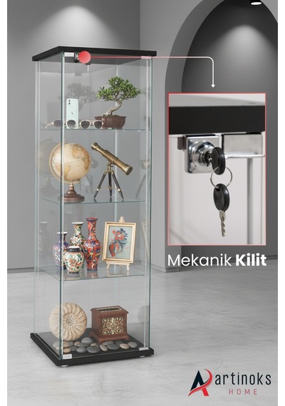 3 Raflı Kilitli Cam Vitrin Siyah Gümüşlük Sergi Vitrini Kitaplık Büfe Siyah