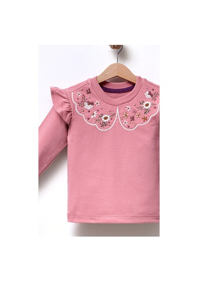Overdo Kids Fırfırlı Yakası Çiçek Nakışlı 2 İplik Uzun Kol Kız Çocuk Sweatshirt Pembe