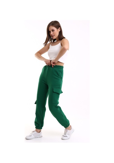 Winmoda34 Kadın Jogger Kalın 3 İplik Yandan Cepli Kargo Eşofman Altı Yeşil
