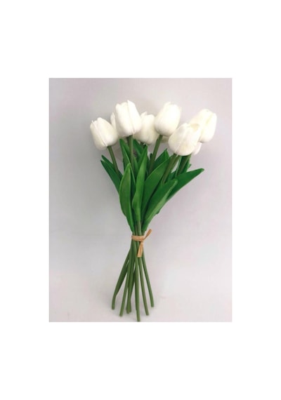 Yapay 8 Li Islak Lale Buketi Gerçeksi Doku Beyaz - Yapay Lale 32 Cm 8 Adet Kırık Beyaz