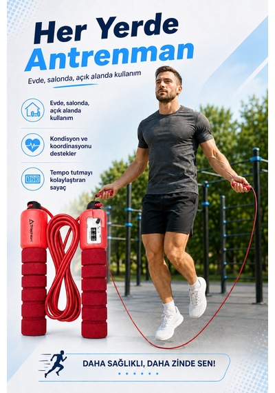 Sayaçlı Atlama İpi Sünger Tutma Saplı Sporcu Fitness Kardiyo Egzersiz Antrenman İpi Kırmızı