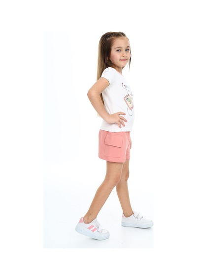 Toontoy Kids Toontoy Kız Çocuk 2'li Takım Baskılı Bisiklet Yaka T-shirt & Beli Lastikli Tek Cepli Şort Mercan