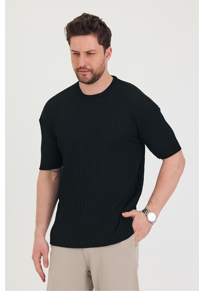 Cool Tarz Erkek Bisiklet Yaka Fitilli Kısa Kollu Ince Triko T-shirt Siyah Siyah