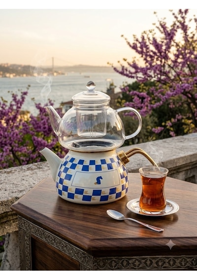 Emaye Cam Çaydanlık Beyaz Mavi Kare