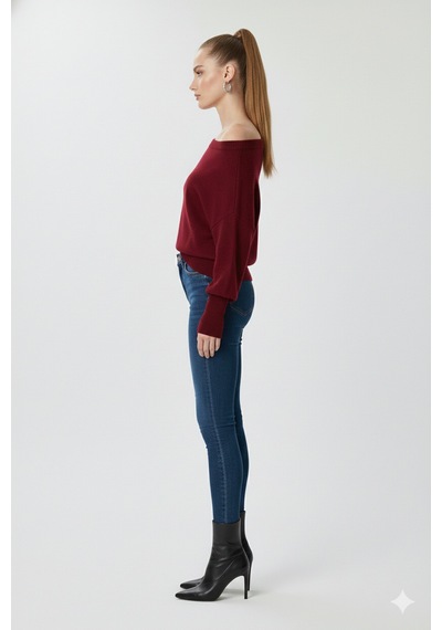 Fiolin Omuzu Açık Off Shoulder Triko Kazak Bordo