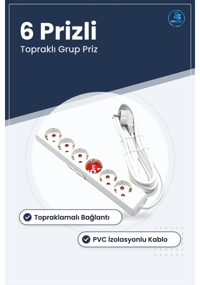 Toprağlı Grup Priz Uzatma Kablosu 6 Prizli Pvc İzolasyonlu Bakır 1.5