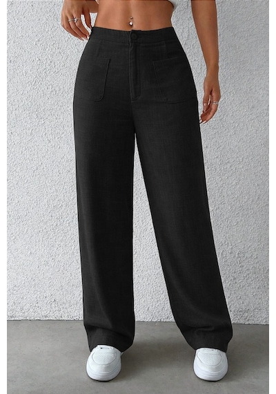 Tarz Cool Kadın Wide Leg Pantolon Ön Cep Detaylı Rahat Kalıp Günlük Pantolon Siyah