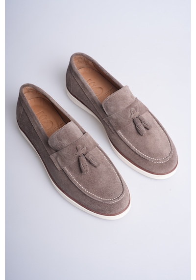Fame Step Hakiki Deri Erkek Loafer Ayakkabı Süet Günlük Rahat Casual Mokasen Püsküllü Siena Vizon