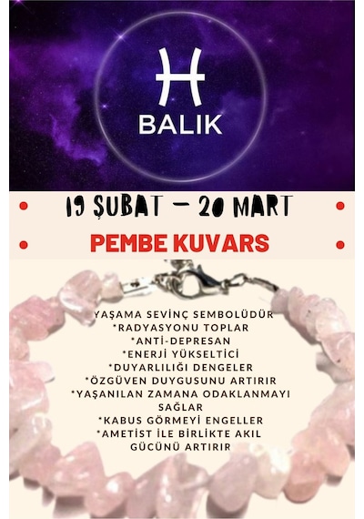 Gümüştel El Sanatları Sertifikalı Burç Taşı Balık Burcu Pembe Kuvars Taşı Bileklik Çok Renkli
