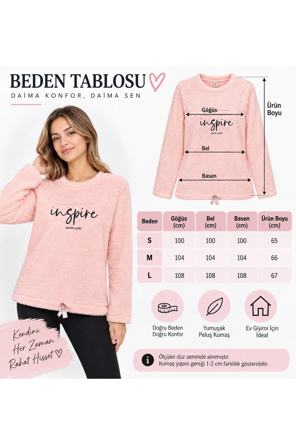 Neco Giyim Kadın Pembe Peluş Polar Pijama Üstü Yumuşak Tüylü Kışlık Ev Giyim Sweat