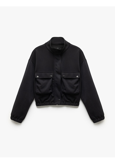 Koton Kolej Bomber Ceket Crop Kalın Modal Kumaş Düğmeli Cep Detaylı Siyah 5wak10096nk