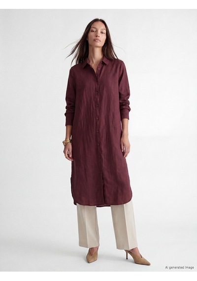 Lcw Everyday Bordo Oversize %100 Keten Kadın Gömlek Tunik