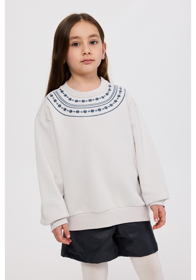 Panço Kız Çocuk Nakışlı Sweatshirt Gri