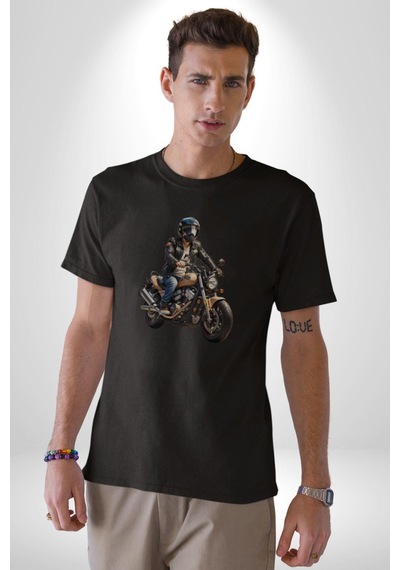 Kask Motorsiklet Dünya Turu Unisex Unisex Siyah Organik Baskılı T-shirt Penye Yüksek Kalite Siyah