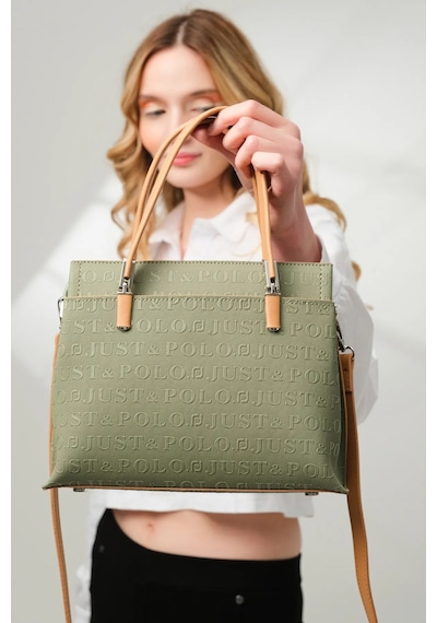 Just Polo 5 Bölmeli Şık El & Omuz Çantası Shoulder Bag Ebat : 22 X 25 Cm Yeşil - Taba