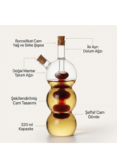 Borosilikat Cam Yağlık Ve Sirkelik 320 Ml, Çift Hazneli 2 Si 1 Arada Şişe, Mantar Tıpalı Şeffaf Boğumlu Model, Yağ Ve Sirkeyi Ayrı Saklama Çok Renkli