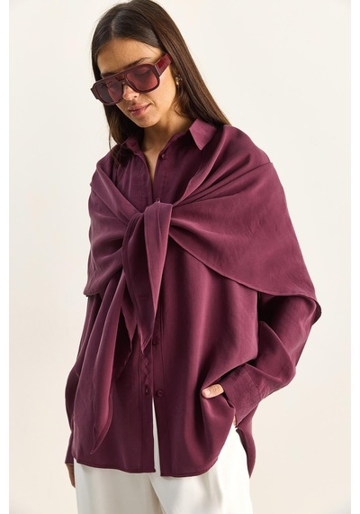 Shade Kadın Şal Aksesuarlı Oversize Modal Gömlek 340 60286164 - Mürdüm MÜRDÜM