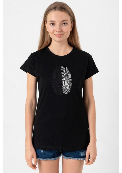 Siyah Beyaz Parmak İzi Siyah Kadın Tshirt SIYAH