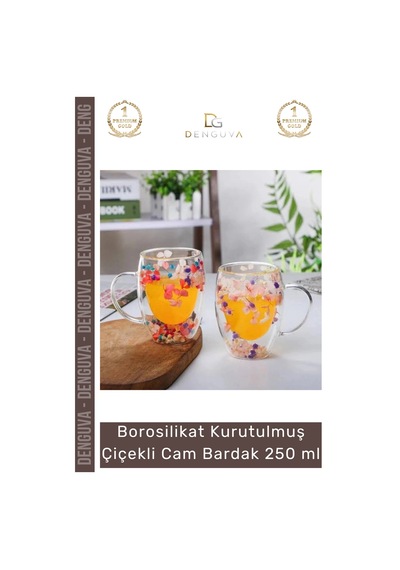 Bardak Çift Camlı Kurutulmuş Çiçekli Estetik Dekoratif Şık Tasarım Handmade Bardak 250 Ml Çok Renkli
