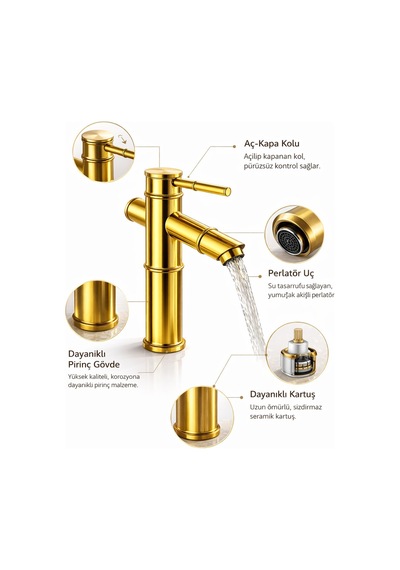 Viosa Lüx Premium Gold Pirinç Bambu Lavabo Bataryası Çeşmesi Musluğu Siyah