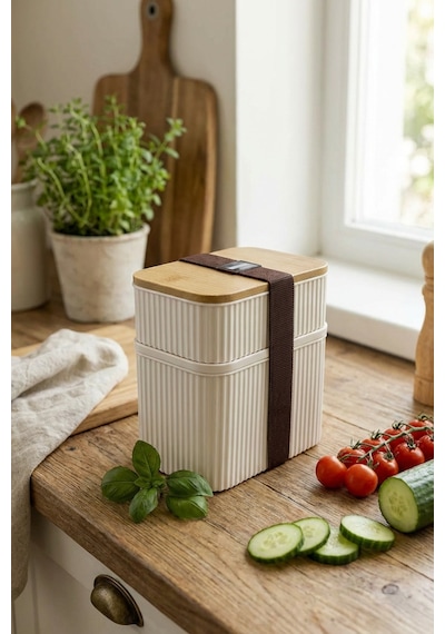 Makri Home 2 Parça Bambu Kapaklı Saklama Kabı Seti - 1l + 0,5l Üst Üste Koyulabilir Krem