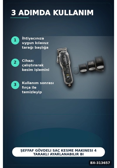 Şeffaf Gövdeli Saç Kesme Makinesi 4 Taraklı Ayarlanabilir Bıçak Lcd Ekranlı Şarjlı Bx-313657