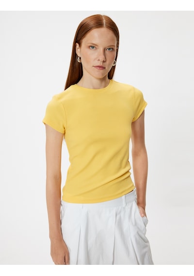 Koton Basic Fitilli Tişört Kısa Kollu Bisiklet Yaka Slim Fit Sarı 4sak50738ek Sarı