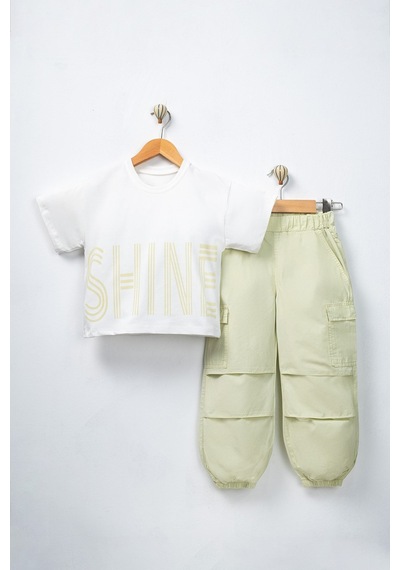 Aden Kids Yeşil Renk Oversize Kız Çocuk Pamuk Keten Pantalonlu Alt Üst Takım