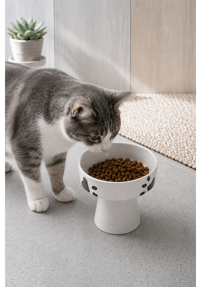 Seramik Kedi Ve Köpek Mama Su Kabı 300 Ml Ayaklı Yükseltilmiş Mama Kabı 13 Cm