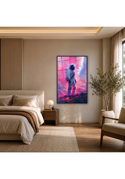 Pembe Bulutlarda Yürüyen Astronot Siyah Çerçeveli Cam Tablo