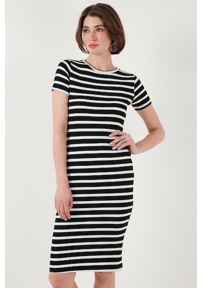 Lela Slim Fit Çizgili Pamuklu Bisiklet Yaka Kısa Kollu Midi Bayan Elbise 5865700 Siyah-Beyaz