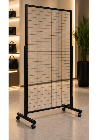 Tekerlekli Sık Telli Tel Raf - Tel Pano Stand, Duvar Askılığı-20 Adet 20 Cm Tel Pano Kanca Hediyeli 60 x 190 CM