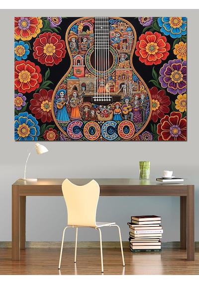 Renkli Desenli Soyut Mandalalar Ve Klasik Gitar Dekoratif Kanvas - Mdf Ahşap Tablo