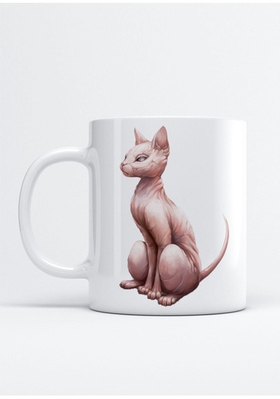 Tüysüz Kedi Sphynx Baskılı Porselen Kupa Bardak Beyaz