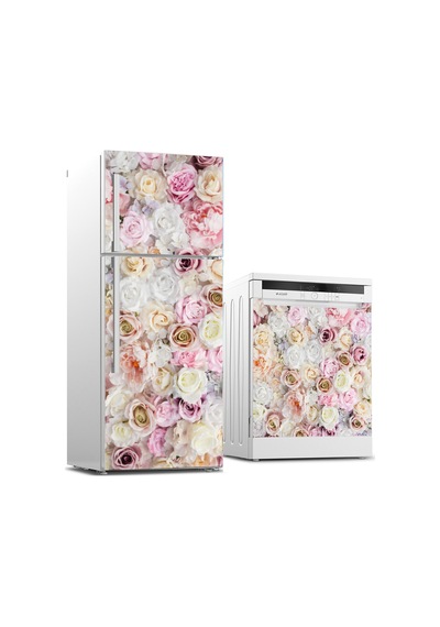 Pembe Çiçek Bahçesi Buzdolabı Ve Bulaşık Makinesi Kaplama Sticker Folyo İkili Set