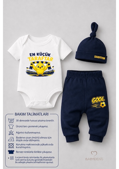 Babyden's %100 Pamuk Sarı Lacivert En Küçük Taraftar Bebek Takımı 3'lü Kısa Kol Body,pantolon Ve Şapkalı Yenidoğan Seti 0-9 Ay Beyaz - Lacivert