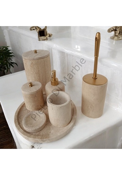 Sarı Traverten Klasik Model 7 Parça Mat Gold Renk Düğme Aksesuarlı Banyo Seti Sarı Traverten