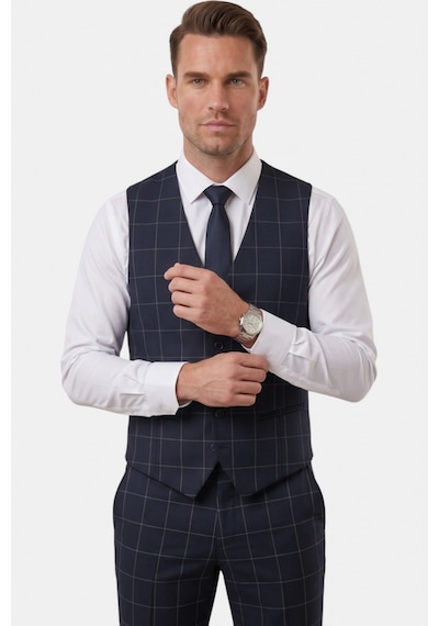 Deepsea Erkek Koyu Lacivert Slim Fit 3 Lü Takım Elbise Yelekli Ekose Desenli Çift Düğme Takım Elbise 2600501 Deepsea Erkek Koyu Lacivert Slim Fit 3 Lü Takım Elbise Yelekli Ekose Desenli Çift Düğme Takım Elbise 2600501